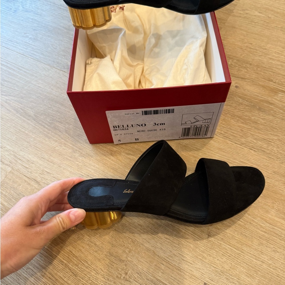 Salvatore Ferragamo Black Mules with Gold Heel